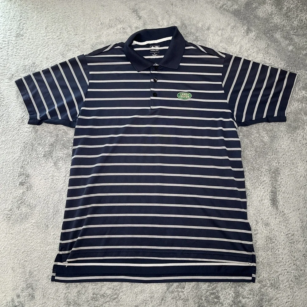 Adidas Clinacool Men's Polo Short Sleeve Shirt Blue/White Striped Landrover SZ M
